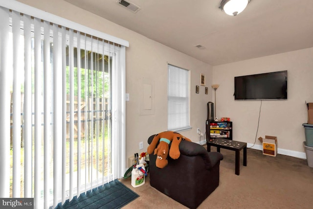 carpeted living area featuring baseboards