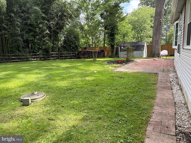 view of yard featuring a shed, an outbuilding, and a patio
