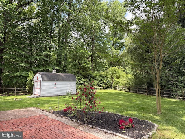view of yard featuring a storage shed, an outbuilding, and a patio