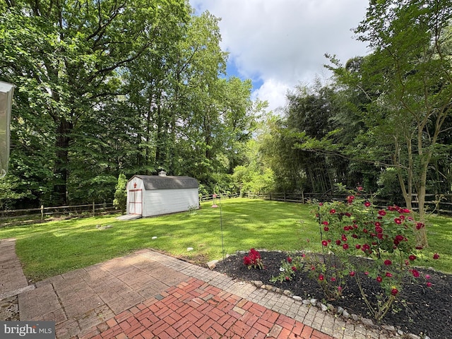 view of yard with a patio, a storage shed, and an outbuilding