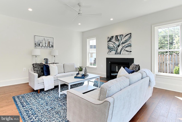 7430 Foundation Way, Springfield, VA 22150 - living room featuring healthy amount of natural light, recessed lighting, dark wood-style floors, and ceiling fan