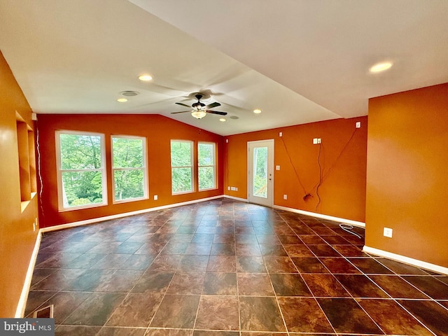 unfurnished room with baseboards, lofted ceiling, a ceiling fan, and recessed lighting