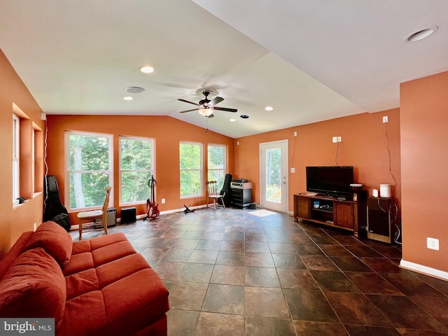 living room with vaulted ceiling, baseboards, a ceiling fan, and recessed lighting