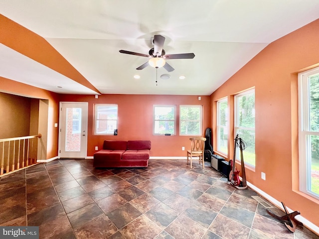 sitting room featuring baseboards, vaulted ceiling, ceiling fan, and recessed lighting