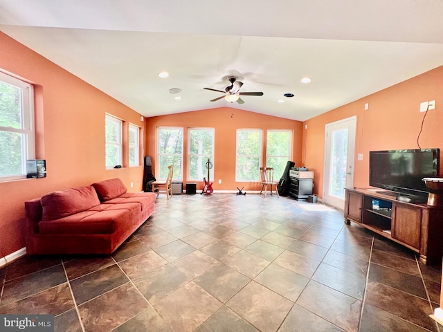 living area featuring vaulted ceiling, a ceiling fan, recessed lighting, and baseboards