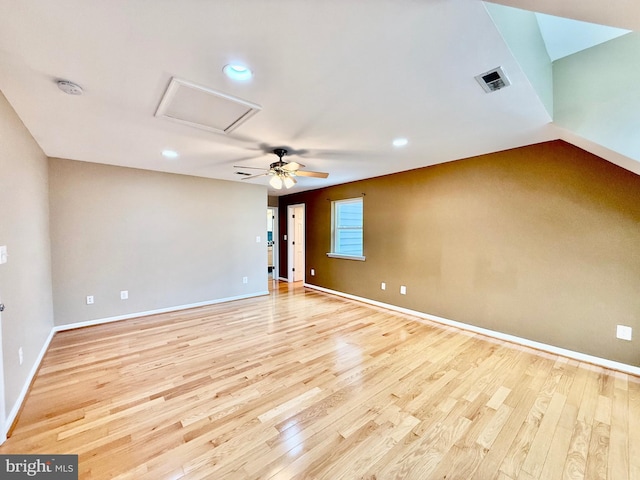 empty room with light wood-style flooring, baseboards, ceiling fan, and recessed lighting