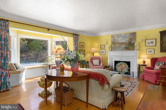 living area with a fireplace, ornamental molding, and wood finished floors