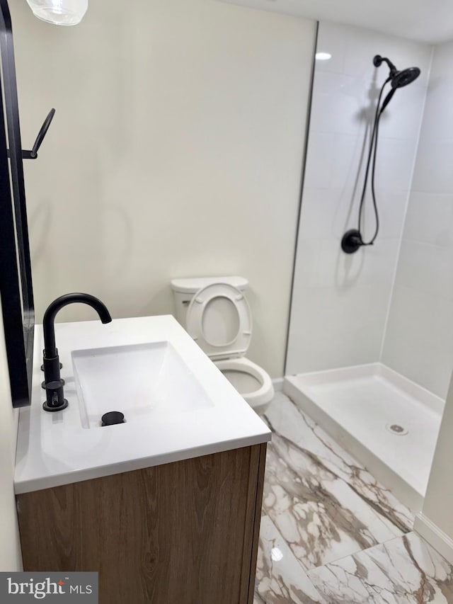 6 Spring Hill Dr, Clementon, NJ 08021 - full bathroom with marble look tile flooring, a stall shower, toilet, vanity, and baseboards