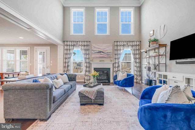 living area with ornamental molding, wood finished floors, a high ceiling, plenty of natural light, and a glass covered fireplace