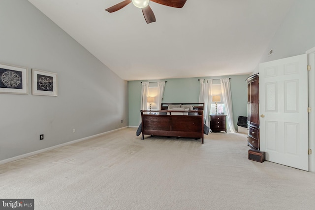269 Bucktail Dr, Middletown, DE 19709 - bedroom with light colored carpet, vaulted ceiling, ceiling fan, and baseboards