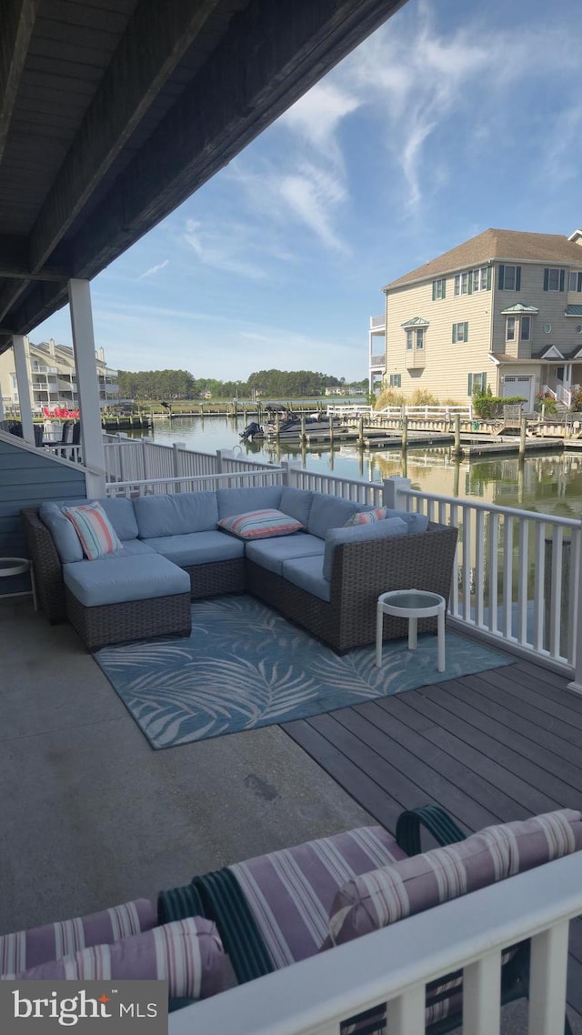 38261 Yacht Basin Rd Unit 35, Ocean View, DE 19970 - wooden deck featuring a water view, an outdoor living space, and a dock