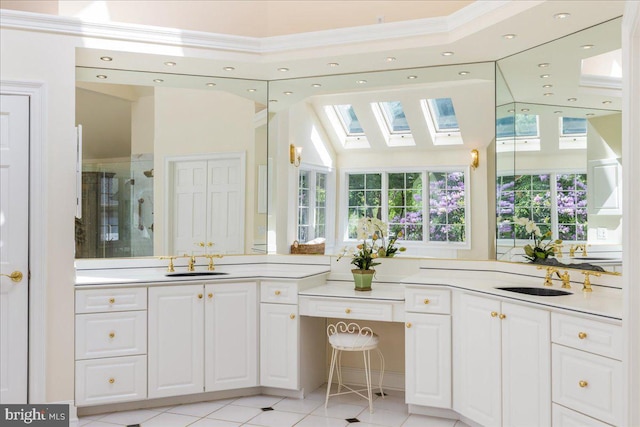 2630 Eagle Ln, Hellertown, PA 18055 - full bath with a stall shower, a skylight, vanity, tile patterned floors, and recessed lighting