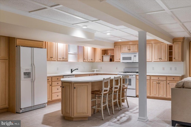2630 Eagle Ln, Hellertown, PA 18055 - kitchen featuring open shelves, white appliances, light countertops, coffered ceiling, and a center island