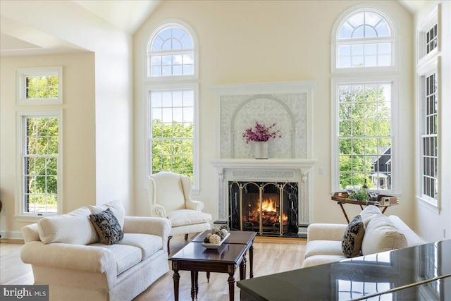2630 Eagle Ln, Hellertown, PA 18055 - living area featuring a premium fireplace, wood finished floors, and high vaulted ceiling