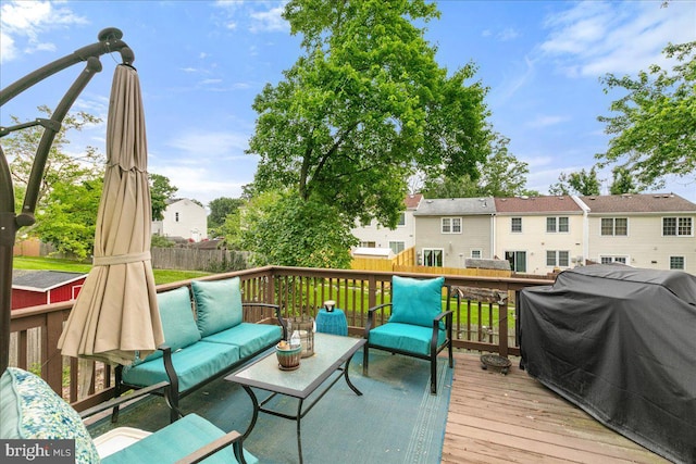 2919 Lexington Ct, Woodbridge, VA 22192 - wooden terrace featuring an outdoor hangout area, area for grilling, a residential view, and fence