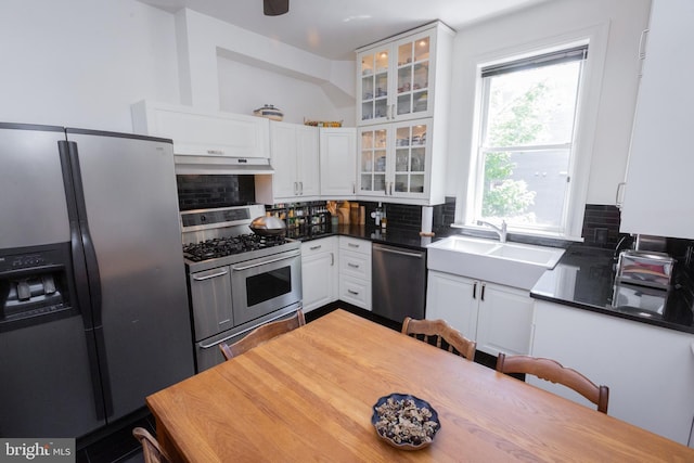 kitchen featuring appliances with stainless steel finishes, decorative backsplash, white cabinetry, and under cabinet range hood
