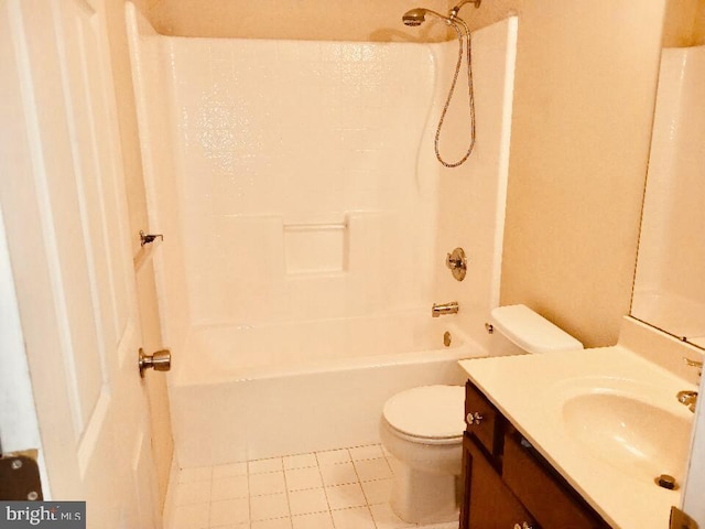 full bath with toilet, vanity, tub / shower combination, and tile patterned floors