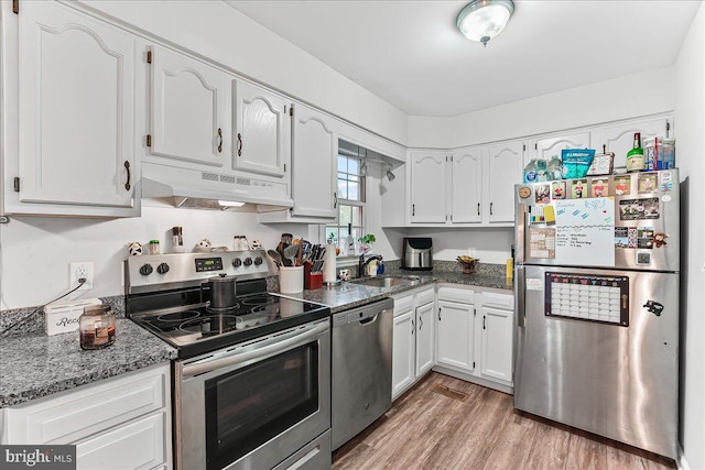 100 Cypress Dr, North East, MD 21901 - kitchen featuring appliances with stainless steel finishes, under cabinet range hood, a sink, white cabinetry, and light wood finished floors