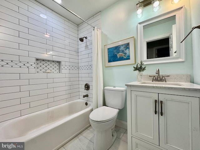 1410 Foxwood Ct, Annapolis, MD 21409 - bathroom with shower / bathtub combination with curtain, vanity, toilet, and marble look tile flooring