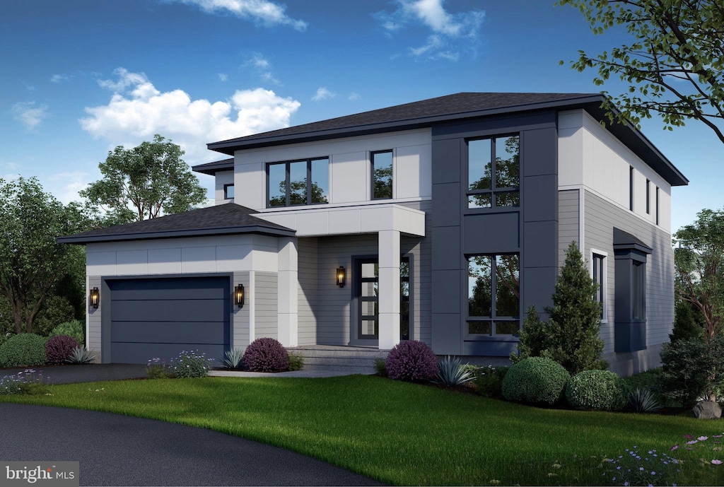 7107 Sea Cliff Rd, Mclean, VA 22101 - contemporary house with a front yard, driveway, an attached garage, and roof with shingles