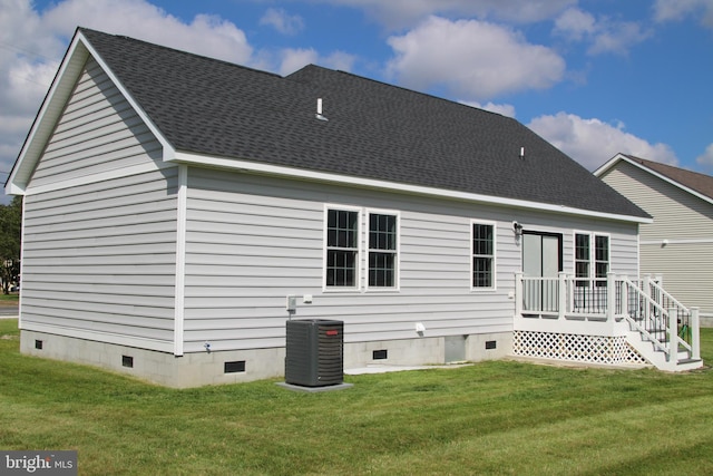 1296 Dorchester Ave, Pocomoke City, MD 21851 - back of house with crawl space, central AC, a lawn, and roof with shingles