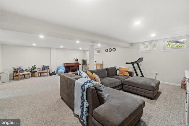 living room featuring carpet, recessed lighting, and baseboards