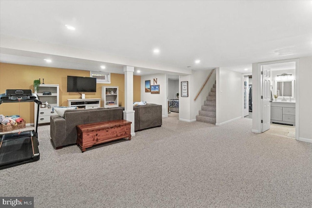 carpeted living room featuring stairway, recessed lighting, and baseboards