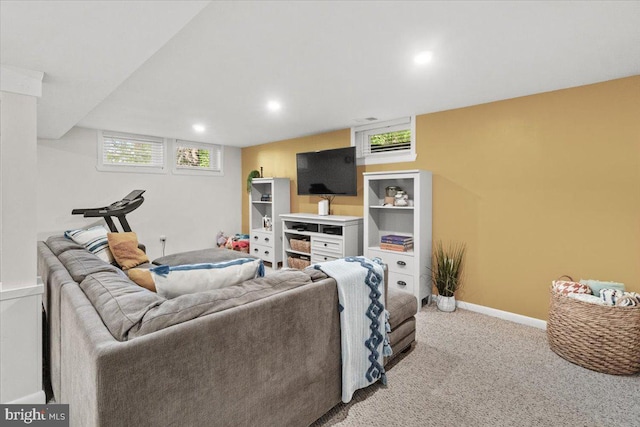 living area with light colored carpet, baseboards, and recessed lighting
