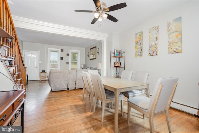 519 N 2nd St, Columbia, PA 17512 - dining room featuring stairs, light wood-style flooring, and a ceiling fan