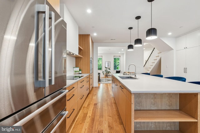kitchen with freestanding refrigerator, a sink, modern cabinets, light wood-type flooring, and light countertops