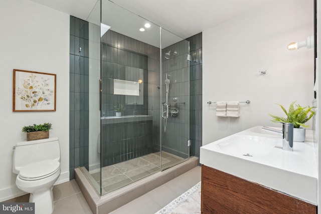 full bath with tile patterned flooring, toilet, a stall shower, and recessed lighting