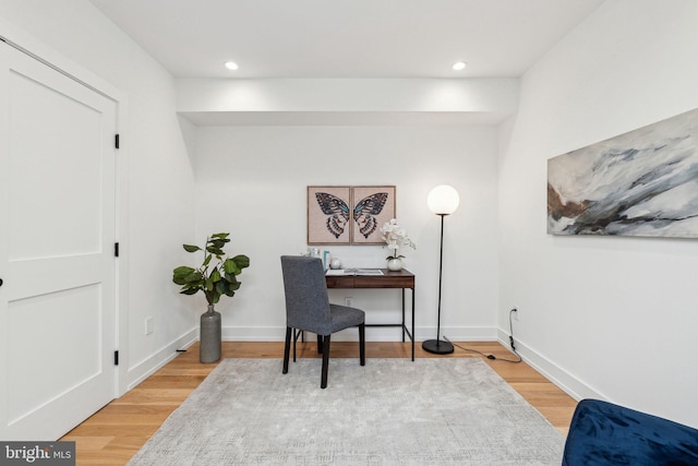 office with wood finished floors, recessed lighting, and baseboards