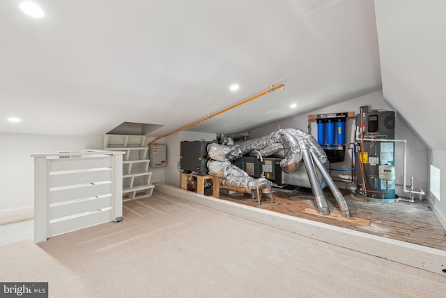 bonus room with carpet, lofted ceiling, recessed lighting, heat pump water heater, and baseboards