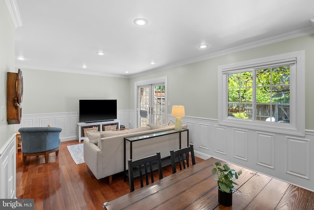 7029 Leewood Forest Dr, Springfield, VA 22151 - living room with plenty of natural light, a wainscoted wall, wood finished floors, crown molding, and recessed lighting