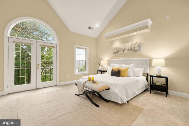 2221 N Oak Ct, Arlington, VA 22209 - carpeted bedroom featuring access to exterior, high vaulted ceiling, multiple windows, french doors, and baseboards
