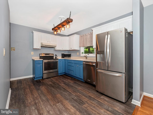 4106 Teklen Dr, Westminster, MD 21157 - kitchen with appliances with stainless steel finishes, blue cabinets, dark wood-type flooring, white cabinetry, and baseboards