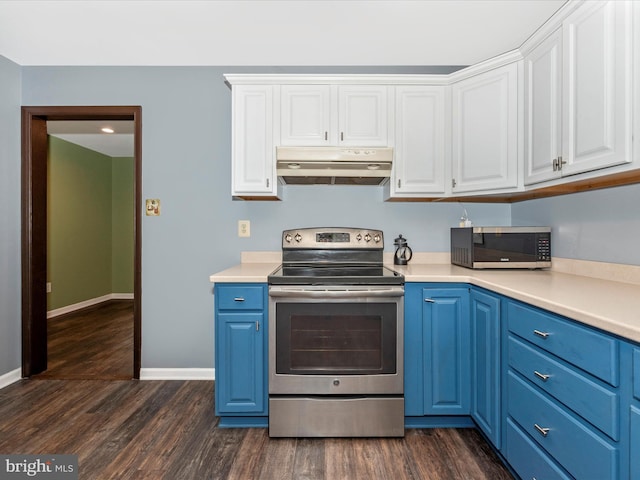 4106 Teklen Dr, Westminster, MD 21157 - kitchen with under cabinet range hood, appliances with stainless steel finishes, blue cabinets, white cabinets, and dark wood-type flooring