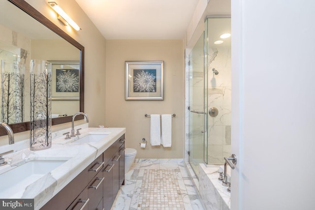 1414 S Penn Sq Unit 18H, Philadelphia, PA 19102 - full bath with a stall shower, toilet, marble finish floors, and double vanity