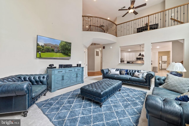18309 Eldorado Way, Leesburg, VA 20176 - living room featuring a ceiling fan, a high ceiling, carpet flooring, and recessed lighting