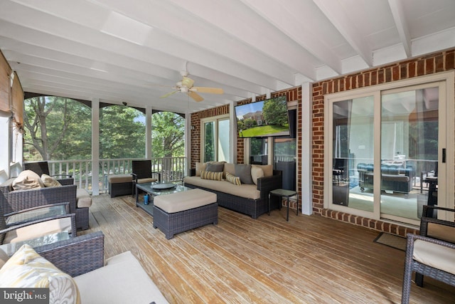 18309 Eldorado Way, Leesburg, VA 20176 - sunroom featuring an outdoor living space, ceiling fan, and beam ceiling