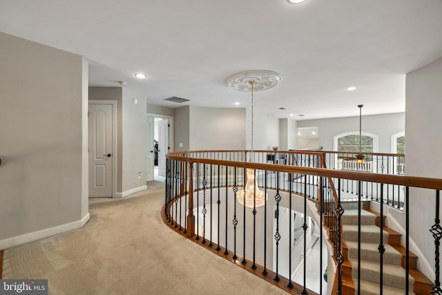 18309 Eldorado Way, Leesburg, VA 20176 - hallway with baseboards, carpet, recessed lighting, and an upstairs landing