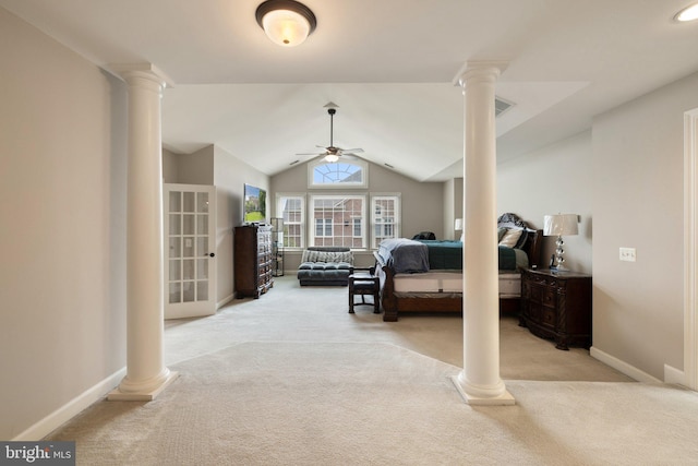 18309 Eldorado Way, Leesburg, VA 20176 - bedroom with ornate columns, light colored carpet, baseboards, and lofted ceiling