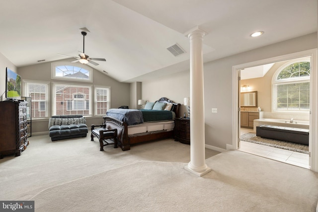 18309 Eldorado Way, Leesburg, VA 20176 - bedroom featuring ornate columns, carpet flooring, vaulted ceiling, ensuite bathroom, and baseboards