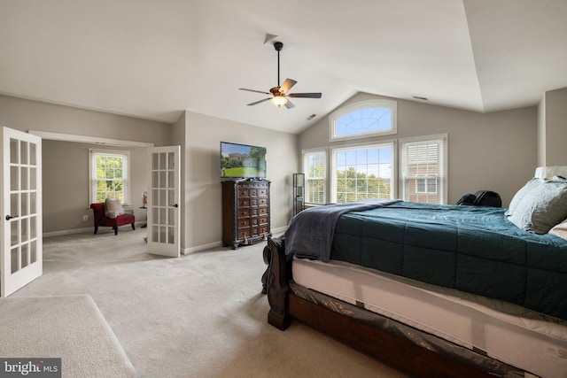 18309 Eldorado Way, Leesburg, VA 20176 - bedroom featuring french doors, lofted ceiling, light colored carpet, baseboards, and a ceiling fan