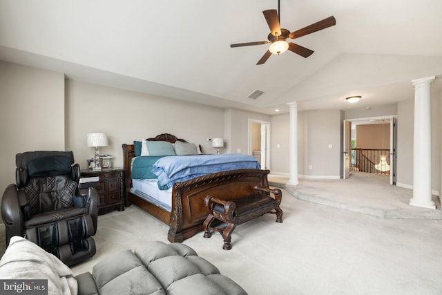 18309 Eldorado Way, Leesburg, VA 20176 - bedroom with decorative columns, light carpet, lofted ceiling, ceiling fan, and baseboards