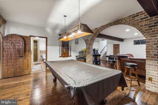 18309 Eldorado Way, Leesburg, VA 20176 - rec room with arched walkways, hardwood / wood-style floors, billiards table, and ornate columns
