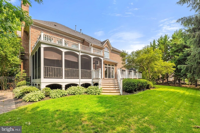 18309 Eldorado Way, Leesburg, VA 20176 - rear view of house featuring a balcony, a sunroom, a yard, brick siding, and a chimney