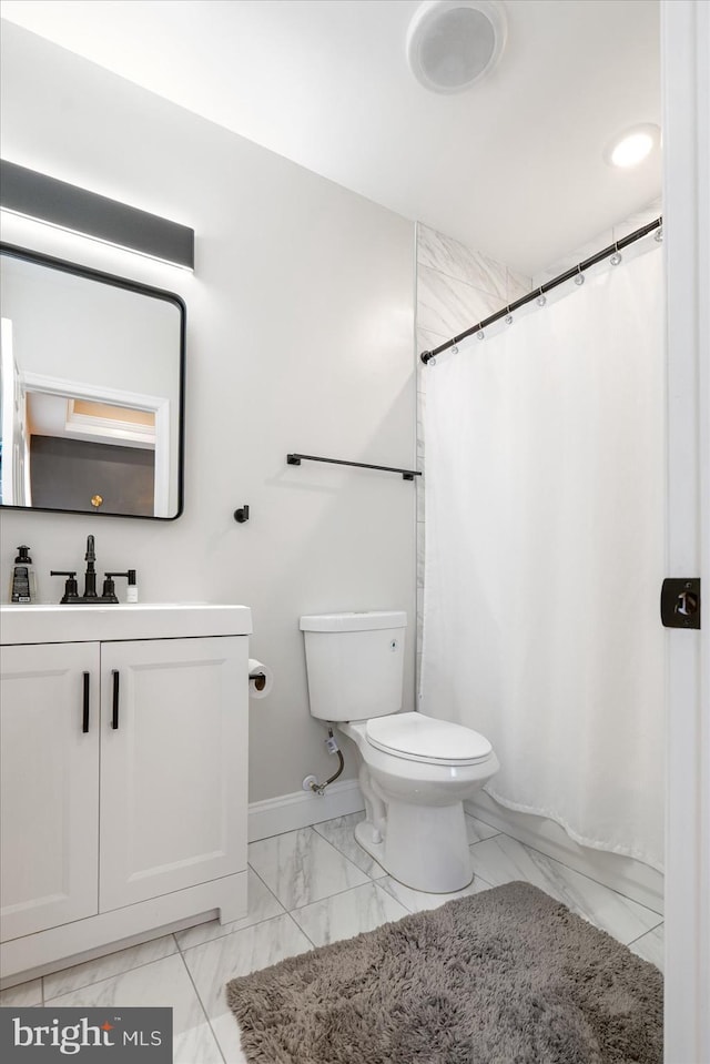 2627 Loyola Northway, Baltimore, MD 21215 - bathroom featuring marble look tiles, toilet, baseboards, and a shower with curtain