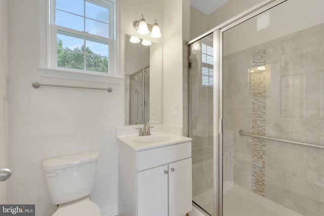full bath featuring plenty of natural light, a stall shower, vanity, and toilet