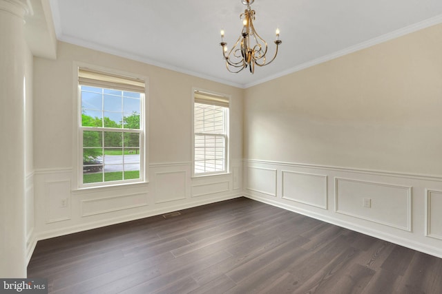 unfurnished room with a chandelier, a wainscoted wall, dark wood-type flooring, and ornamental molding